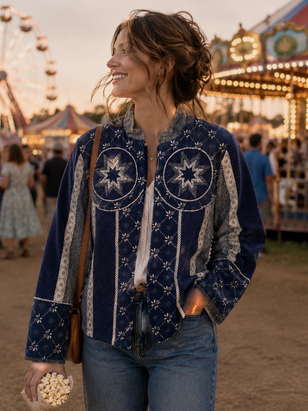 Navy Blue Embroidered Women's quilt Jacket